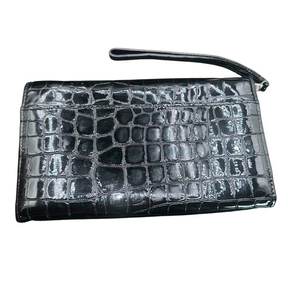 Brighton Shiny Black Croc Embossed Leather Wristlet Wallet Clutch - Picture 3 of 16